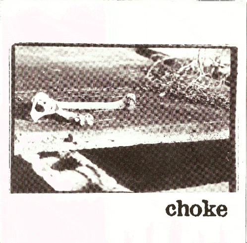 a black and white photo of a skeleton and the word choke