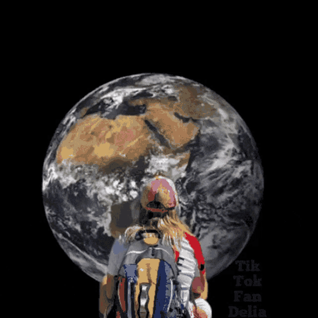 a person with a backpack looking at the earth with the words tik tok fan delia below them