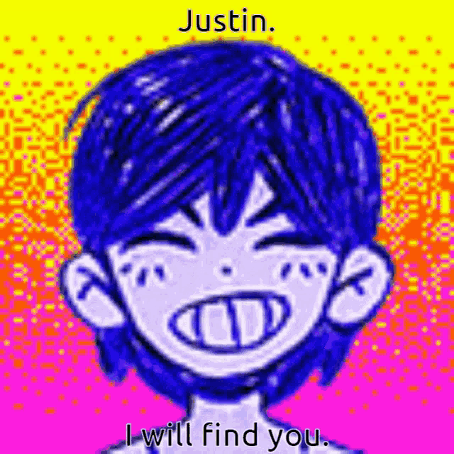 a drawing of a boy with blue hair and the words `` justin , i will find you . ''