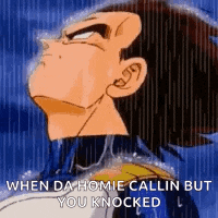 a cartoon character from dragon ball z is standing in the rain looking up .