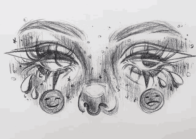 a black and white drawing of a woman 's face with tears coming out of her eyes and a smiley face .
