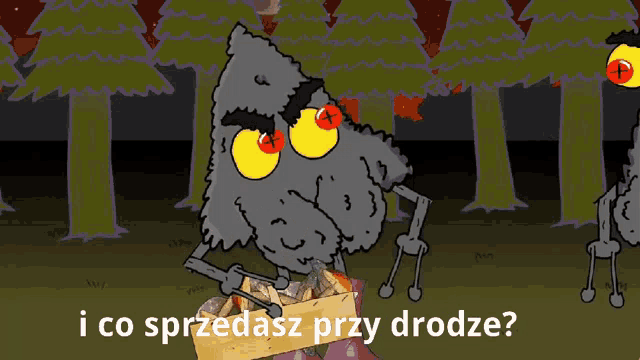 a cartoon character holding a box with the words i co sprzedasz przy drodze written below it