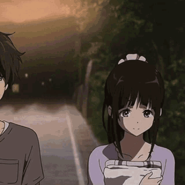 a boy and a girl are standing next to each other in an anime scene