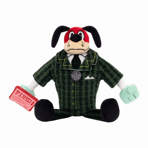 a stuffed dog holding a ticket that says fired