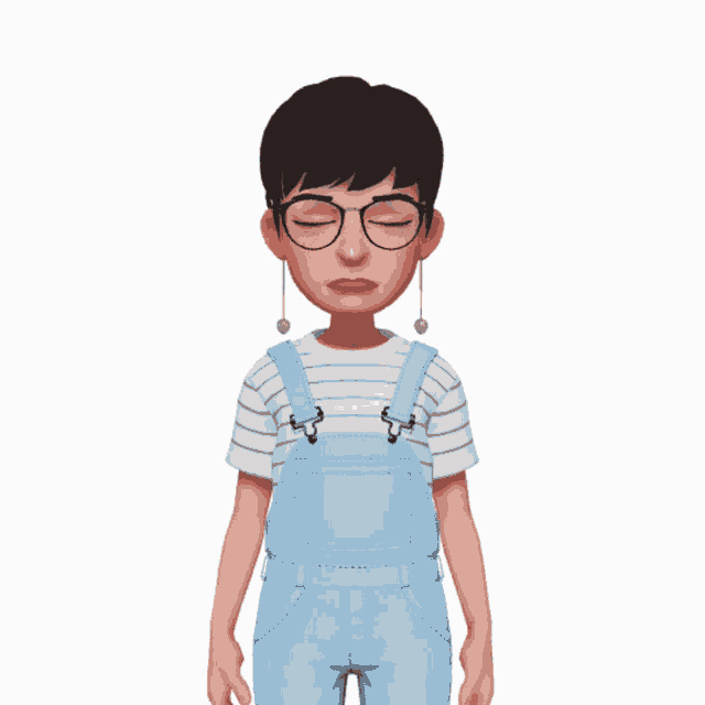 a cartoon character wearing blue overalls and a striped shirt