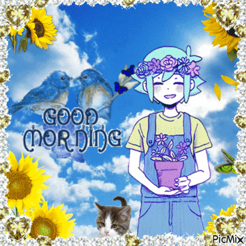 a picture of a girl holding a pot of flowers with the words good morning