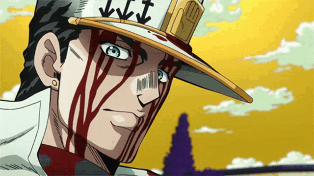 a man with blood on his face is wearing a hat with three arrows on it