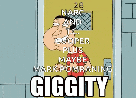 a cartoon of a man standing in front of a door with the words giggity on it