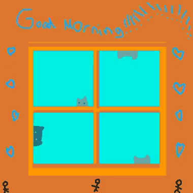 a drawing of two cats looking out a window with the words good morning