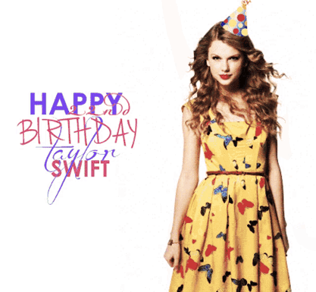 a woman in a floral dress is holding a gift box with the words happy birthday taylor swift written on it