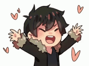 a cartoon drawing of a boy with his arms outstretched and hearts around him .