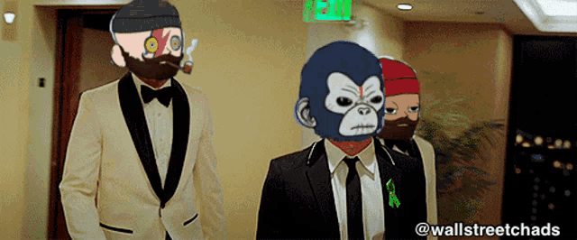 a cartoon of a man in a tuxedo with monkey masks on his face