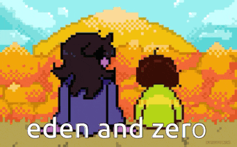 a pixel art of a man and a girl standing next to each other with the words eden and zero below them