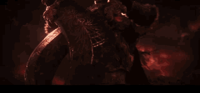 a monster with horns is flying through the air in a dark sky
