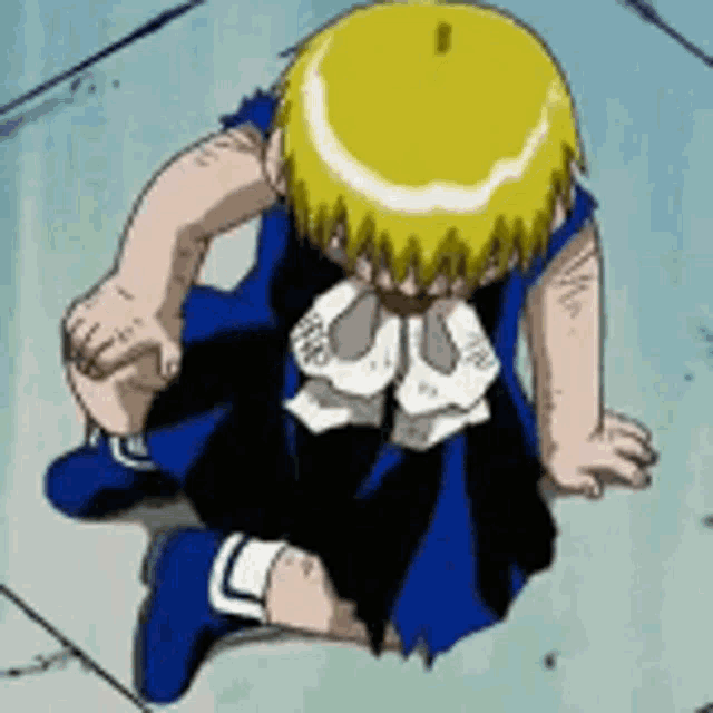a cartoon character is sitting on the floor wearing a blue dress and blue shoes .