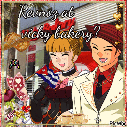a picture of a man and a woman with the words " renoz at vicky bakery " at the top