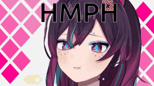 a picture of a girl with the word hmph written above her