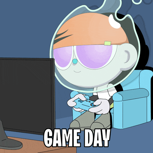 a cartoon character is sitting in a chair playing a video game and says game day