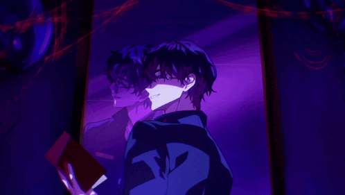 a boy with glasses and a x on his collar looks at his reflection in a mirror