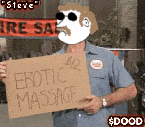 a man holding up a sign that says erotic massage