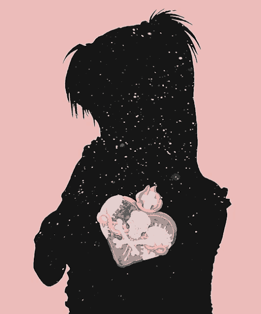 a silhouette of a person holding a heart with a skull inside