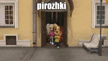 a group of cartoon characters are standing in front of a building with the word pirozhki on it