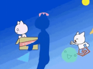 a cartoon of a person carrying a box with a pink bow on it