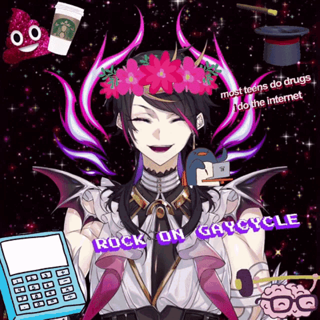 a cartoon character with a flower crown and the words rock on gay cycle on the bottom