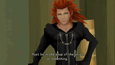 a video game character with red hair is holding a sphere of fire in her hand