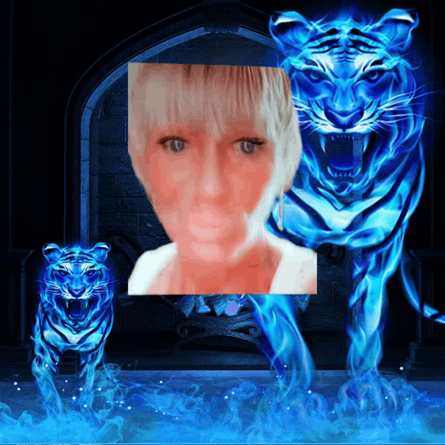 a picture of a woman and a blue tiger