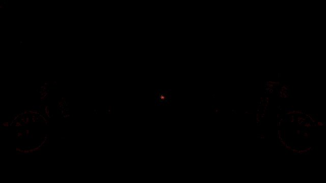 a red circle on a black background with rays coming from it