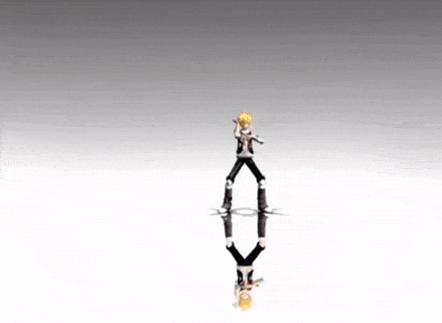 a cartoon character is standing on a white surface with a reflection of himself .