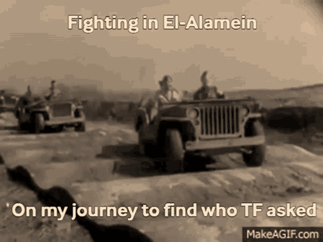 a black and white photo of a jeep with the caption " fighting in el-alamein "