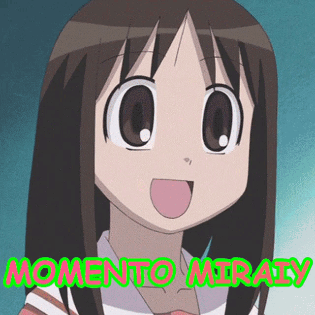 a picture of a girl with the words momento miraty written in green