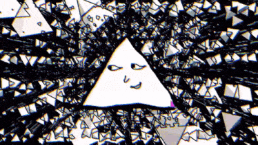 a triangle with a face drawn on it is surrounded by other triangles