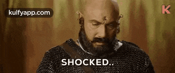 a bald man with a beard and mustache is wearing chain mail and looking shocked .