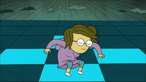 a cartoon character with glasses is dancing on a blue checkered floor