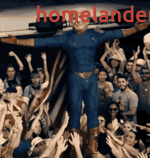 a man in a superhero costume stands in front of a crowd with the word homeland written on the bottom