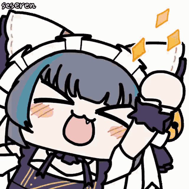 a cartoon of a girl in a maid outfit with a cat ear and a bell .