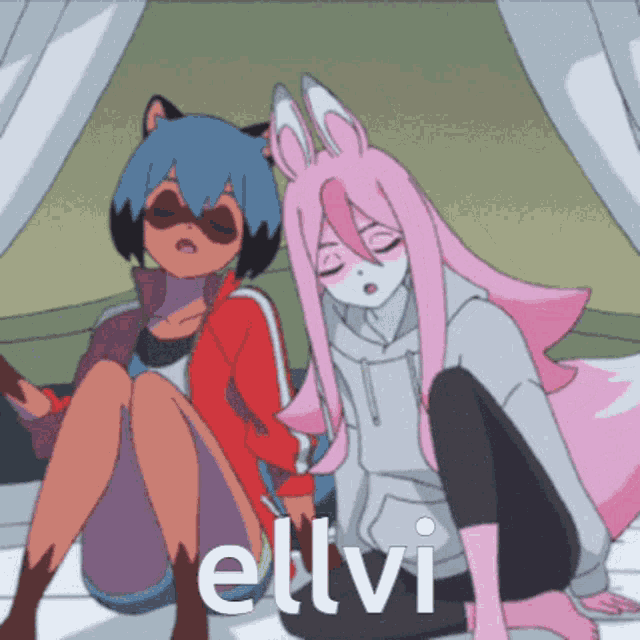 two anime girls are sitting next to each other and the word elvi is on the bottom right
