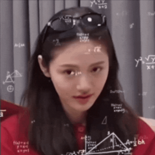a woman wearing sunglasses and a red shirt is surrounded by mathematical equations