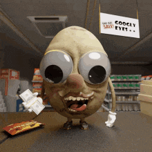 a potato with big googly eyes is standing in front of a sign that says goodly eyes