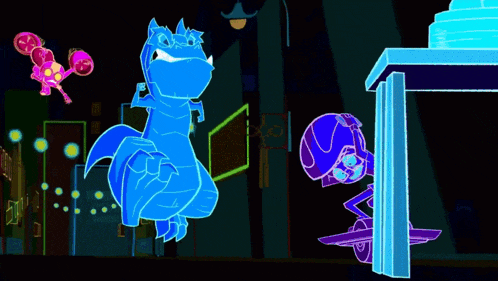 a cartoon drawing of a blue dinosaur standing next to a purple robot