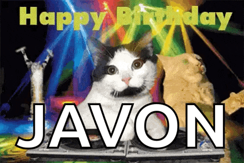 a black and white cat sitting on a turntable with the name javon below it