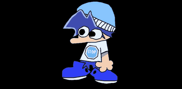 a cartoon character with a blue hat and a stop sign on his shirt .