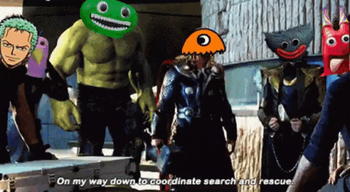 a group of cartoon characters are standing next to each other and one of them is talking about coordinate search and rescue .