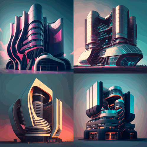 a collage of four futuristic buildings with a sunset in the background