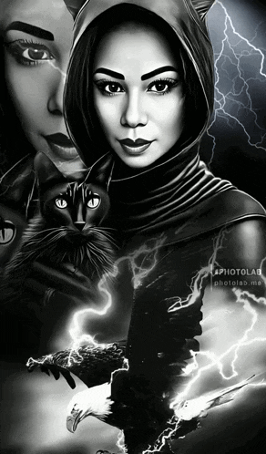 a black and white photo of a woman holding a black cat and an eagle by photolab