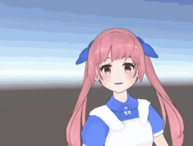 a drawing of a girl with pink hair and a blue bow