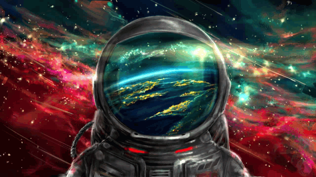 a painting of an astronaut 's helmet with the earth in the background